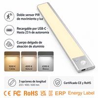 Lampe LED sans fil magnétique rechargeable à détecteur de mouvement pour armoire, cuisine, chambre, placard, escalier, en aluminium, design moderne