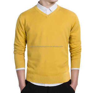 Chemises en tricot à manches longues et col en V en coton pour hommes, <span class=keywords><strong>pull</strong></span>-over tricoté en jersey <span class=keywords><strong>de</strong></span> coupe ajustée et unie - Product Image 4