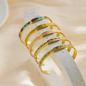Custom manufacture colorful open enamel bangle,wholesale fashion women 18k gold plated stainless steel enamel cuff bangle