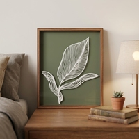 Peinture en relief rectangulaire Art Déco à cadre en bois vert neutre pour chambre à coucher, salon, art mural botanique en feuilles 3D