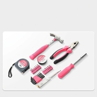 Kit d'outils ménagers en acier au carbone rose, kit de réparation de quincaillerie, pinces, clé à molette, marteau, tournevis, mètre ruban, boîte de rangement en plastique