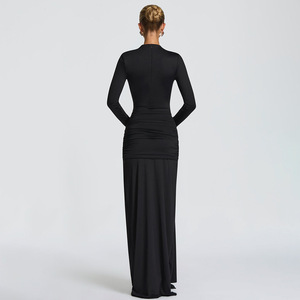 Vestido de Noche Elegante para Mujer, Manga Larga, Cuello Redondo, Corte Hueco, Color Sólido, Cintura Natural - Product Image 3