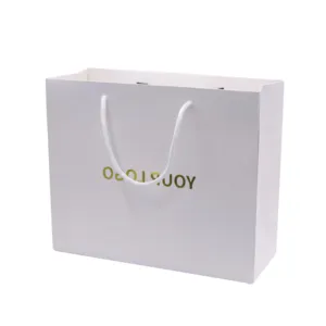 Customized fashion clothes gift package card white shopping paper bags with handle and print goil gold logo