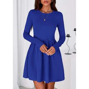 Robe courte de cocktail décontractée à manches longues pour femme, col rond, plissée, avec poche, pour l'automne, fête, modèle personnalisé 2025 - Product Image 3