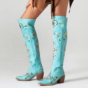 Women Floral Embroidered Over Knee High <b>Boots</b> Ladies Low 6cm Wedge Heels Shoes Pointed Toe Flower Long Booties - Product Image 1