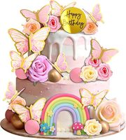 Schmetterling-Rosen-Geburtstagstorten-Deko-Set, Happy Birthday Regenbogen-Blumen-Tortendekoration, Rosa Party-Zubehör, Kuchen-Dekoration