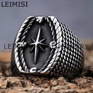 Hip Hop Aço Inoxidável Viking Jóias Punk Norse Star Navigation Compass Cross Navy Anéis para Homens Mulheres