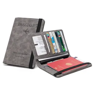 Étui multifonctionnel en cuir PU pour passeport avec 6 fentes pour cartes et porte-stylo Portefeuille de voyage familial Porte-passeport bloquant la RFID