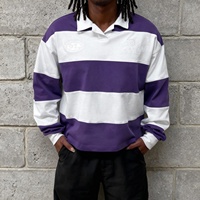 Chemise ample à rayures brodées vintage QIANSHI, style streetwear personnalisé, manches longues, polo de rugby pour homme