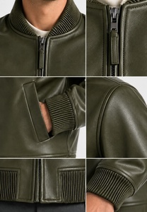 Blouson bomber en cuir vert olive pour homme, col côtelé, fermeture éclair - Product Image 6