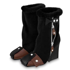 Winter Fur Top Block Heel Square Toe Women Ankle Boots Side Zipper Mixed Color Belt Buckle Short Booties Ladies Flock <b>Shoes</b> - Product Image 2