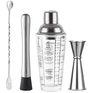 Cocktail Shakers 4 Piece Bartender Kit With Steel Accessories 400ml Shake Jigger Muddler Spoon Glass Cocktail Shaker Set