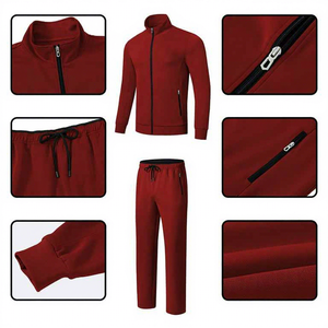 Survêtement rouge pour homme, col à capuche, couleur unie, respirant, polyester, vêtements d'hiver, 2 en 1, polaire, coupe-vent, poches latérales - Product Image 2