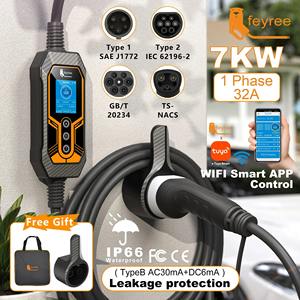 Cargador para Vehículos Eléctricos Feyree de 7kW, Tipo 1 AC, Estación de Carga para Vehículos Eléctricos, 32A Monofásico, Corriente Ajustable, con Adaptador CEE, Cargador Doméstico - Product Image 2