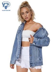Veste en jean ample pour <span class=keywords><strong>femme</strong></span> YUANBOFEI, style vintage, déchirée, délavée, bleu, streetwear décontracté, surdimensionnée, manches longues - Product Image 2