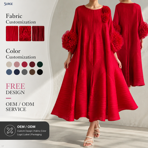 Abito da festa da donna rosso casual midi a trapezio in tessuto personalizzato con scollo quadrato, maniche corte, plissettato, vestibilità ampia e applicazioni floreali 3D - Product Image 1