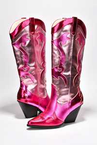 SHIKOL sepatu bot kulit metalik untuk wanita, sepatu bot Barat lutut merah muda hijau oranye, sepatu bot tinggi lutut pesta luar ruangan Mardi Gras - Product Image 5