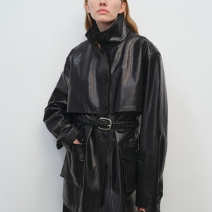 Nouvelle collection hiver : Blousons en cuir pour femme, style professionnel, à revers, vintage, longs, amples, à épaules tombantes - Product Image 3