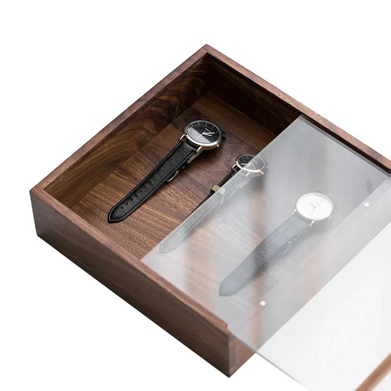 Luxo slide tampa acrílico transparente tampa embalagens caixas preto noz perfume cozinheiro relógio madeira presente armazenamento caixa