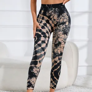 Women High Waist Soft Stretchy Quick Drying Seamless Scrunch Yoga Leggings Tie Dye Color Seamless Yoga Pants Gym Leggings