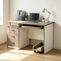 Bureau d'ordinateur personnalisé avec trois tiroirs, plateau pour clavier, support pour processeur, pieds latéraux blancs, ton clair