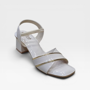 Elegant White Patent Block Heel <b>Sandals</b> Gold Trim Accent Straps Open Toe Slingback Party Wear Footwear for Women Chic - Product Image 1