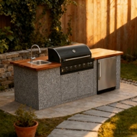 Cuisine extérieure en acier inoxydable noir pour la fête de jardin avec gril et armoire d'évier de réfrigérateur