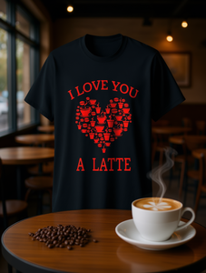 T-shirt I Love You A Latte, nera, vestibilità casual, girocollo, motivo stampato, unisex, regalo con gioco di parole sul caffè per adulti - Product Image 2