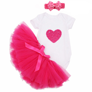 Newborn Gift Set Valentine's Day Baby Girls Fluffy Skirted hearted Outfit Set Baby Romper with tutu Hairbow Boutique