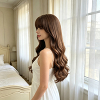 Porte une perruque bouclée brune chaude, accompagnée de franges légères et volumineuses. Convient pour un usage quotidien et des looks décontractés.