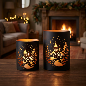 Soporte para Velas Navideñas Negro de Sonnet Decor, Escena de Pueblo Nevado en Relieve, Hierro Hecho a Mano, Resistente al Calor, Decoración para el Hogar - Product Image 2