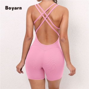 Boyarn จั๊มสูทขาสั้นสำหรับผู้หญิง, จั๊มสูทขาสั้นสำหรับใส่เล่นกีฬาก้นสีพีชมีสายคล้องไหล่สองข้างเพื่อความสวยงามด้านหลัง - Product Image 5