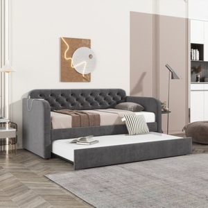 Canapé-<span class=keywords><strong>lit</strong></span> moderne en tissu velours gris foncé, taille double, avec design de charge USB, pour salon - Product Image 2