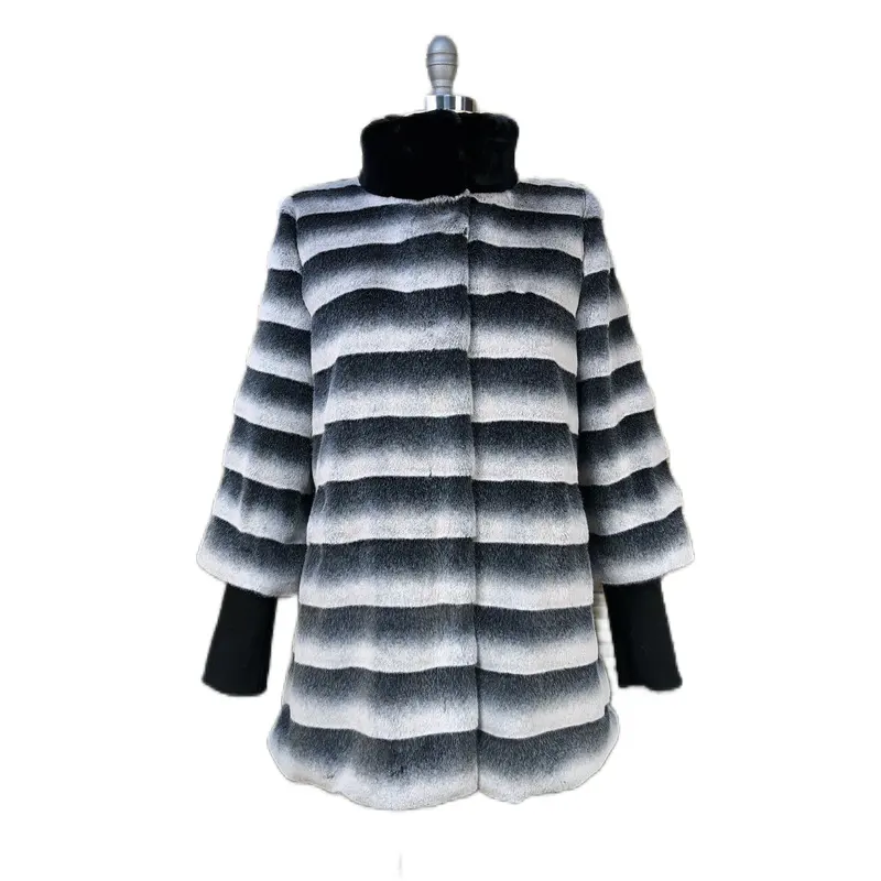2024 새로운 패션 스타일 디자인 겨울 따뜻한 럭셔리 여성 긴 코트 그루브 토끼 스트라이프 인조 모피 코트