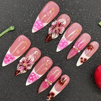 Ongles artificiels 100% faits à la main, qualité salon, réutilisables, à presser, glamour, en gel UV, motif floral sculpté, manucure faite à la main