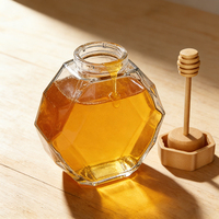Pot en verre hexagonal transparent vide personnalisé et unique de 200 ml et 380 ml pour confiture, miel, avec cuillère en bois et bouchon en bambou