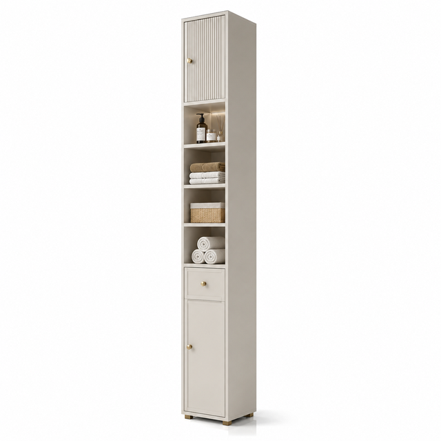 Slim Bathroom Storage Cabinet 71" Tall Narrow Floor Standing 2 Doors 5 Adjustable Shelves 1 Drawer Anti-Tipping Device