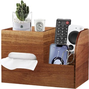 Boîte de rangement de bureau en bois d'acacia avec porte-mouchoirs, support pour téléphone, organisateur pour bureau, support en bois multifonctionnel - Product Image 3