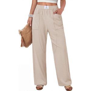 FOXA Womens Casual Pants High Waisted Elastic Waist Straight Leg Lounge Trousers With Pockets Breathable Summer Wear - Product Image 1
