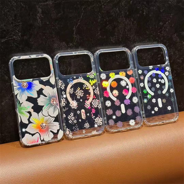 Double IMD Flower PC Magnetic Mobile Phone case for iPhone 18 17 16 15 ProMax Designer Diamond Glitter Laser Colorful Back Cover