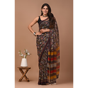 Sari de chifón doble diamante con estampado a mano, tejido de chifón doble diamante puro y ligero. |   Elegante |   Cómodo - Product Image 2