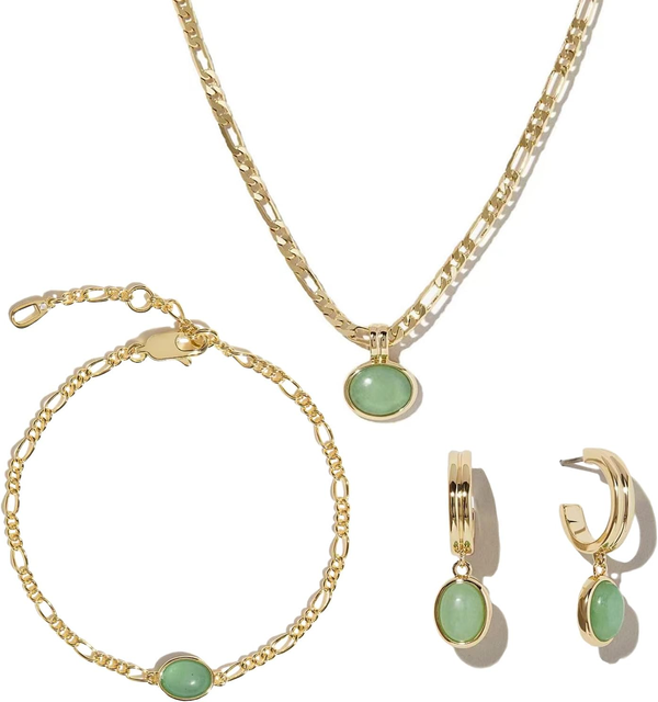 Necklace Earrings Bracelet Set 14K Real Gold Plated Figaro Chain Natural Green Aventurine Stone Jewelry Set for Women