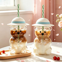 Gobelet à eau en verre 3D créatif en forme d'ours avec couvercle en silicone et paille réutilisable, pour café et boissons, idéal pour la maison, les fêtes et comme cadeau