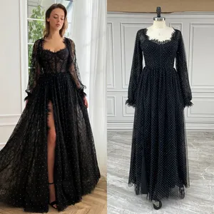 15199 # gerçek fotoğraflar siyah pırıltılı Sequins dantel uzun puf kollu bölünmüş ön düğün parti akşam elbise kadınlar için balo elbisesi