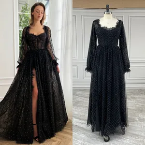 15199 # Echte Fotos Schwarz schimmernde Pailletten Spitze lange geschwollene Ärmel Split Front Hochzeits feier Abendkleid für Frauen Ballkleid - Product Image 1