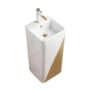 Lavabo sur pied rectangulaire moderne en marbre doré, vasque monobloc autoportante en céramique blanche avec drain et trou unique MUBI - Product Image 6