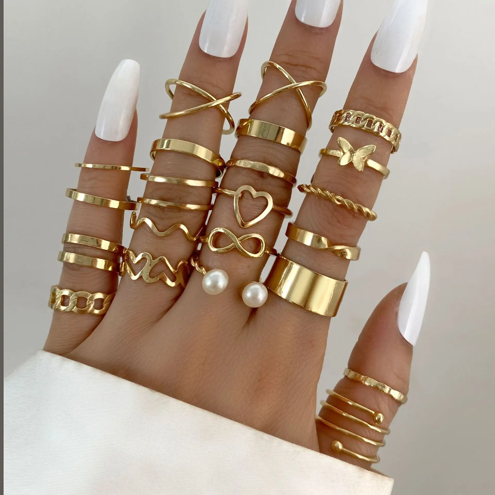 20pcs/set Fashionable Jewelry Gold Silver Rhinestone Boho Pearl Open Adjustable Creative Finger Ring Set For Women And Girls