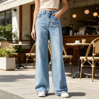 Jeans Baggy de Cintura Alta para Mujer, 100% Algodón, Cintura Ajustable, Pantalones de Mezclilla, Venta al Por Mayor de Fábrica
