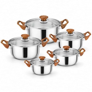 5pcs Stainless Steel Cookware Set with Retro Wood-Grain Handles Includes Stockpots <b>Mirror</b> Polished Induction Kitchen Pot Set - Product Image 1