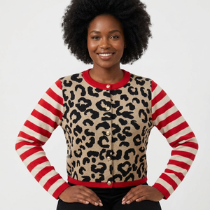 Cárdigan informal de otoño con estampado de leopardo a rayas, manga larga, con botones, para mujer, 100 % acrílico - Product Image 1